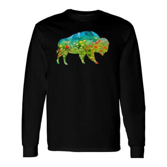 Flower Silhouette Bison Buffalo Long Sleeve T-Shirt T-Shirt | Mazezy