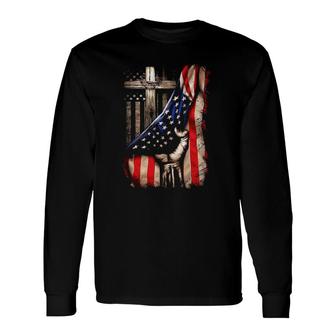 God Jesus Christ Proud Usa Flag Cross Behind American Long Sleeve T-Shirt T-Shirt | Mazezy