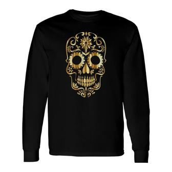 Gold Sugar Skull Calavera Tshirt Long Sleeve T-Shirt - Thegiftio