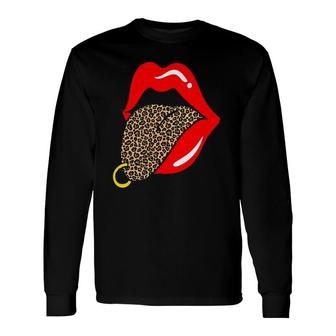 Hot Red Lips Leopard Tongue Golden Piercing Trendy Animal Long Sleeve T-Shirt | Mazezy
