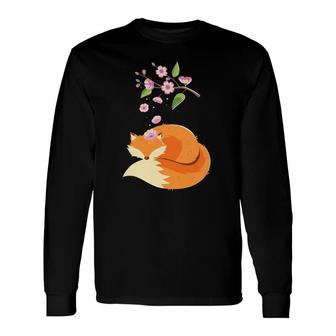 Japanese Cherry Blossom Flower I Vintage Fox Long Sleeve T-Shirt T-Shirt | Mazezy