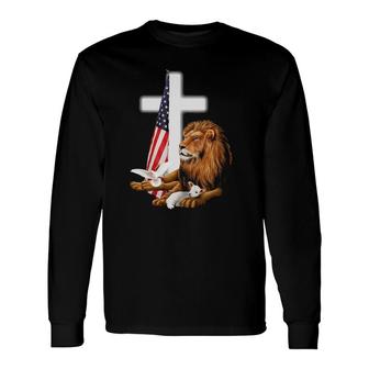 Jesus Lion Usa Flag Religious Picture Patriotic Christian Long Sleeve T-Shirt T-Shirt | Mazezy