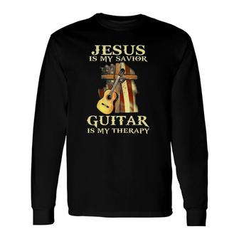 Jesus Is My Savior Guitar Is My Therapy Christian Cross And Guitar Usa Flag In Background Vintage Long Sleeve T-Shirt T-Shirt | Mazezy