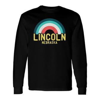 Lincoln Nebraska Vintage Retro Rainbow Raglan Baseball Tee Long Sleeve T-Shirt T-Shirt | Mazezy