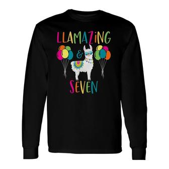 Llama Birthday Seven 7 7Th Cute Party Pun Alpaca Animal Long Sleeve T-Shirt T-Shirt | Mazezy