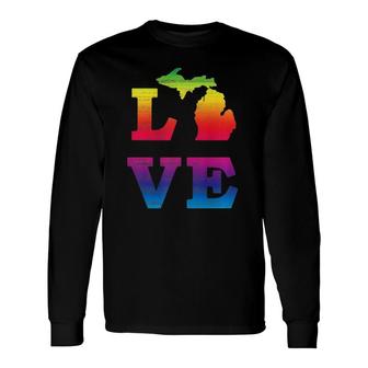 Love State Of Michigan Rainbow Vintage Worn Look Long Sleeve T-Shirt T-Shirt | Mazezy