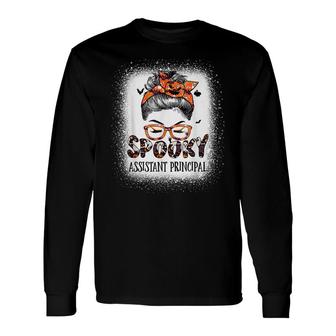 Messy Bun Spooky Assistant Principal Bleached Halloween Bat Long Sleeve T-Shirt - Seseable