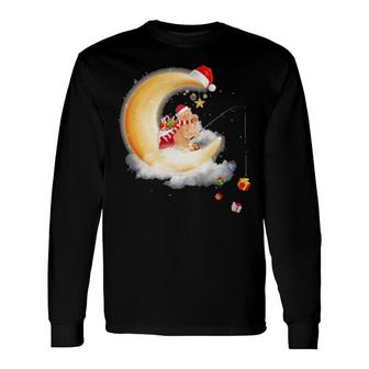 Moon Cat Fishing Happy Christmas, Crescent Moon , Cat Sit On The Crescent Moon Long Sleeve T-Shirt T-Shirt | Mazezy