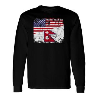 Nepalese Roots Half American Flag Nepal Long Sleeve T-Shirt | Mazezy
