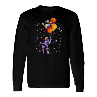 Outer Space Lovers Spaceman Flying Holding Planets Trip Long Sleeve T-Shirt T-Shirt | Mazezy
