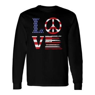 Patriotic 4Th Of July Love American Flag Peace Sign V-Neck Long Sleeve T-Shirt | Mazezy CA