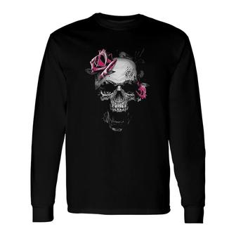 Pink Rose Skull Long Sleeve T-Shirt T-Shirt | Mazezy