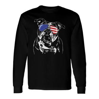 Proud Old English Bulldog American Flag Sunglasses Long Sleeve T-Shirt T-Shirt | Mazezy
