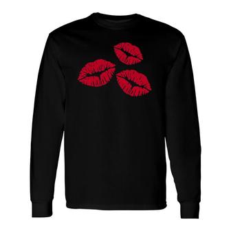 Red Kisses Lips Lipstick Long Sleeve T-Shirt | Mazezy