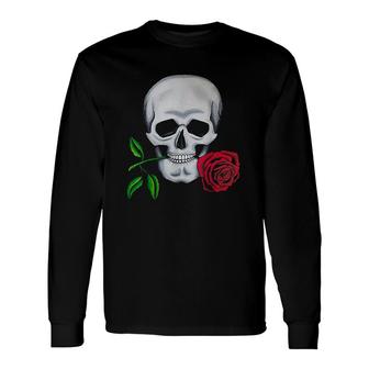 Red Rose Skull Head Face Long Sleeve T-Shirt T-Shirt | Mazezy