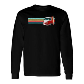 Red Vintage Surf Camper Van Surfboard Van Retro Stripe Long Sleeve T-Shirt T-Shirt | Mazezy