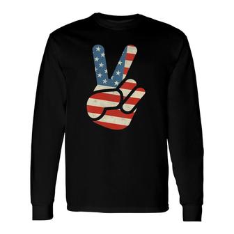 Retro American Peace Vintage American Flag 4Th Of July V-Neck Long Sleeve T-Shirt T-Shirt | Mazezy