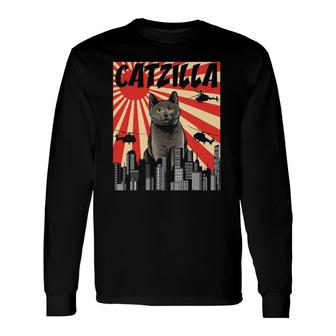 Retro Japanese Catzilla Chartreux Cat Long Sleeve T-Shirt T-Shirt | Mazezy