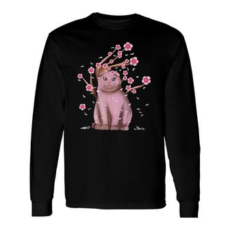 Scottish Fold Cat Japanese Sakura Cherry Blossom Flower Long Sleeve T-Shirt T-Shirt | Mazezy