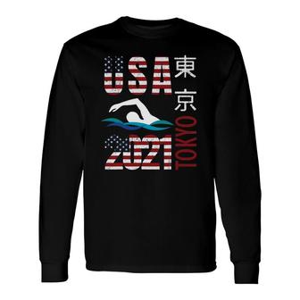 Tokyo Olympics 2021 Usa Team Swimming American Flag Long Sleeve T-Shirt T-Shirt | Mazezy