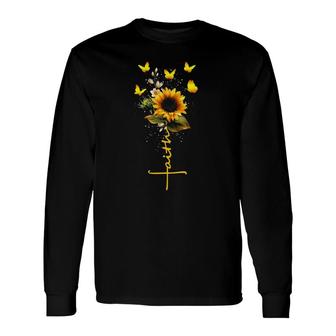 Vintage Faith Cross Sunflower Butterflies Flowers Christians Long Sleeve T-Shirt T-Shirt | Mazezy