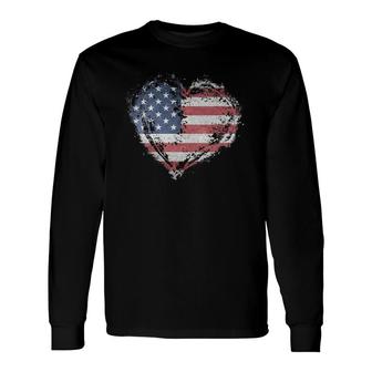 Vintage Heart American Flag Usa Patriotic 4Th Of July V-Neck Long Sleeve T-Shirt T-Shirt | Mazezy