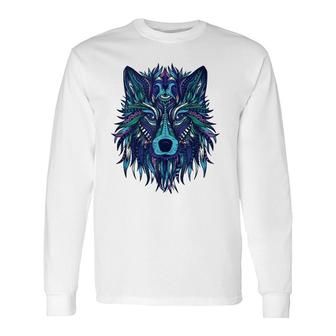 Blue Wolf Head Tribal Mandala Tattoo Art Long Sleeve T-Shirt T-Shirt | Mazezy
