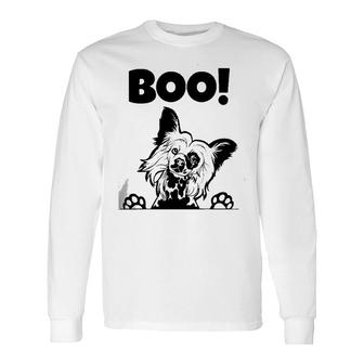 Boo Hiding Hairless Puppy Dog Halloween Chinese Crested Long Sleeve T-Shirt T-Shirt | Mazezy