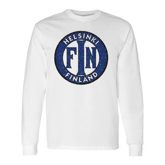 Helsinki Finland Vintage Road Sign Distressed Print Long Sleeve T-Shirt | Mazezy
