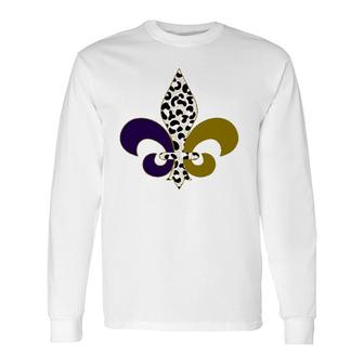 Leopard Purple & Gold Mardi Gras Fleur De Lys Symbol Long Sleeve T-Shirt T-Shirt | Mazezy
