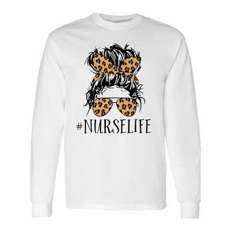Nurse Life Messy Bun Leopard Long Sleeve T-Shirt | Mazezy
