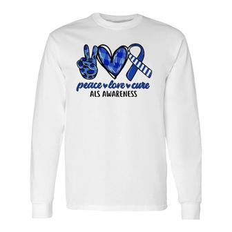Peace Love Cure Blue & White Ribbon Als Awareness Month Long Sleeve T-Shirt T-Shirt | Mazezy