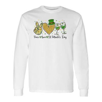 Peace Love St Patrick's Day Cheer Drinking Glitter Shamrock V-Neck Long Sleeve T-Shirt T-Shirt | Mazezy