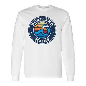 Portland Maine Me Vintage Nautical Waves Long Sleeve T-Shirt | Mazezy