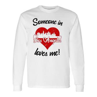 Someone In Los Angeles Loves Me Red Heart Skyline V-Neck Long Sleeve T-Shirt T-Shirt | Mazezy