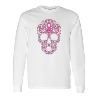 Sugar Skull Pink Ribbon Calavera Long Sleeve T-Shirt - Thegiftio