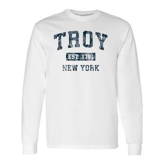Troy New York Ny Vintage Sports Navy Print Long Sleeve T-Shirt T-Shirt | Mazezy