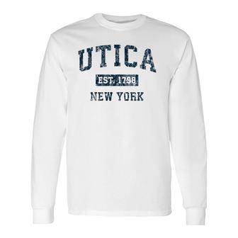 Utica New York Ny Vintage Sports Navy Print Long Sleeve T-Shirt | Mazezy