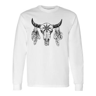Western Rodeo Bull Skull With Feathers Long Sleeve T-Shirt T-Shirt | Mazezy