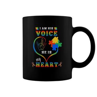 Autism Awareness Mom I Am His Voice He Is My Heart Coffee Mug | Mazezy