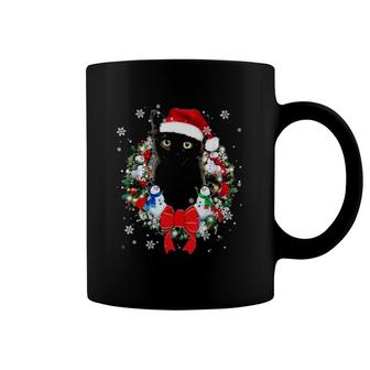 Black Cat With Santa Hat Christmas Wreath Snowflake Snowman Decoration Coffee Mug | Mazezy