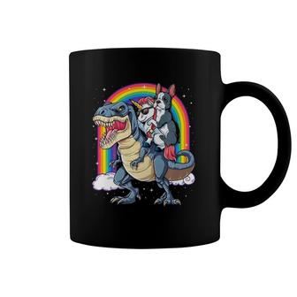 Boston Terrier Unicorn Riding Dinosaur T Rex Girls Rainbow Coffee Mug | Mazezy