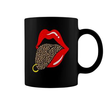 Hot Red Lips Leopard Tongue Golden Piercing Trendy Animal Coffee Mug | Mazezy