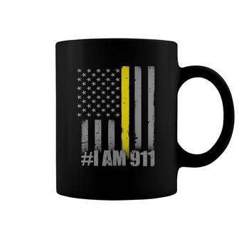 I Am 911 Thin Gold Line Flag Police Dispatcher Coffee Mug | Mazezy