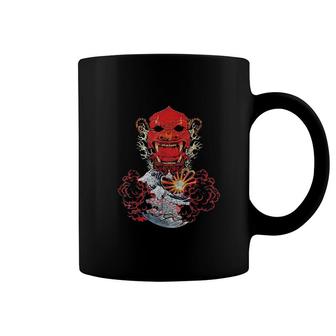 Japanese Red Samurai Oni Mask Ogre Kanagawa Wave Demon Coffee Mug - Thegiftio