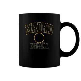 Madrid Espana Spain Varsity Black Print With Amber Outline Coffee Mug | Mazezy