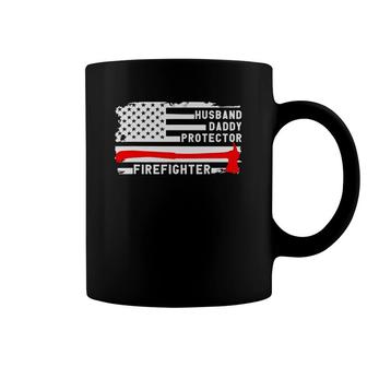 Mens Husband Daddy Protector Firefighter American Flag Fireman Coffee Mug | Mazezy