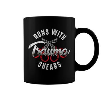 Runs With Trauma Shears First Responder Funny Emt Coffee Mug | Mazezy