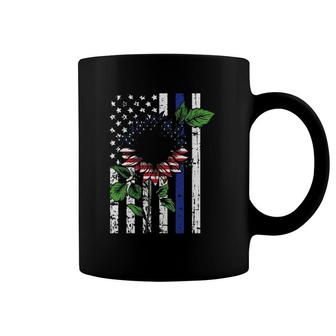 Sunflower American Flag 4Th Of July Blue Line Usa Police Coffee Mug | Mazezy