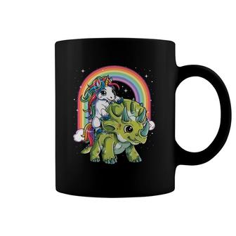 Unicorn Riding Dinosaur Triceratops Boys Kids Girls Rainbow Coffee Mug | Mazezy